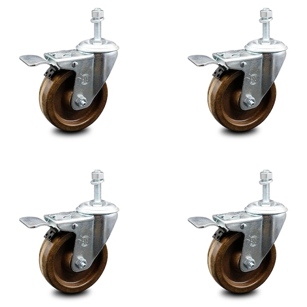 Service Caster 4 Inch High Temp Phenolic Swivel 3/8 Inch Stem Caster Set with Total Lock Brake SCC-TSTTL20S414-PHRHT-381615-4 - main